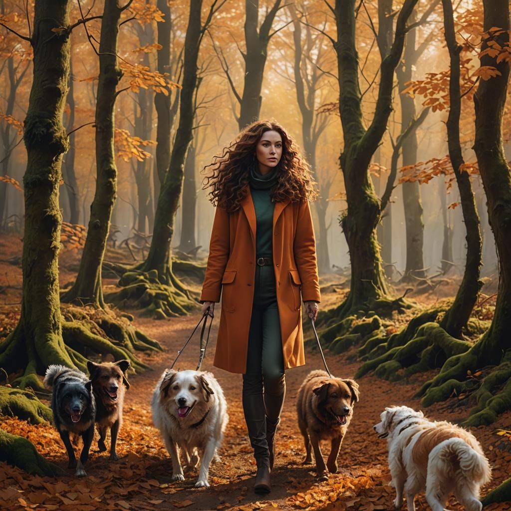 Woman Walking Dogs in Autumn Forest, Digital Painting