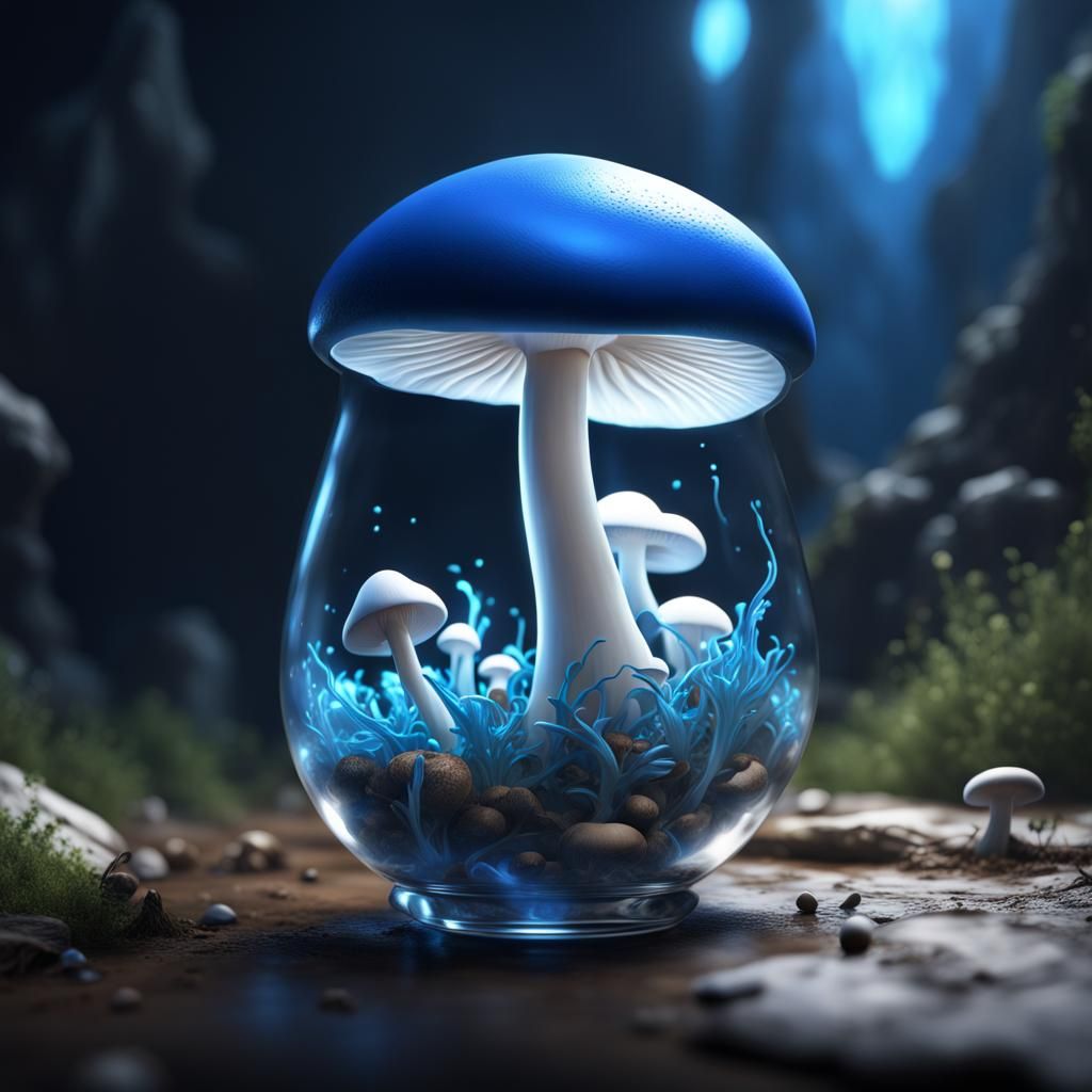 Luminous Blue Mushroom in a Jar
