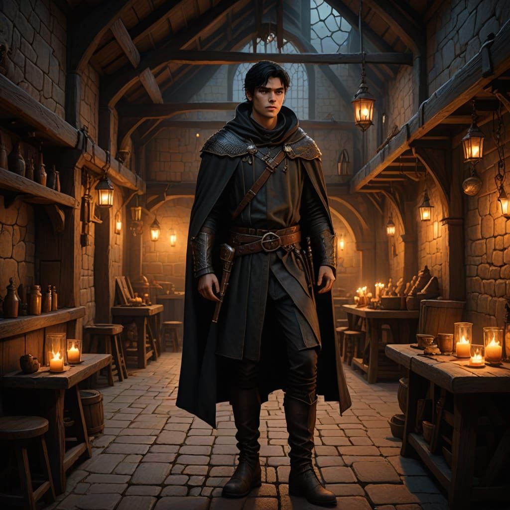 Gothic Warrior in Rustic Tavern at Dusk