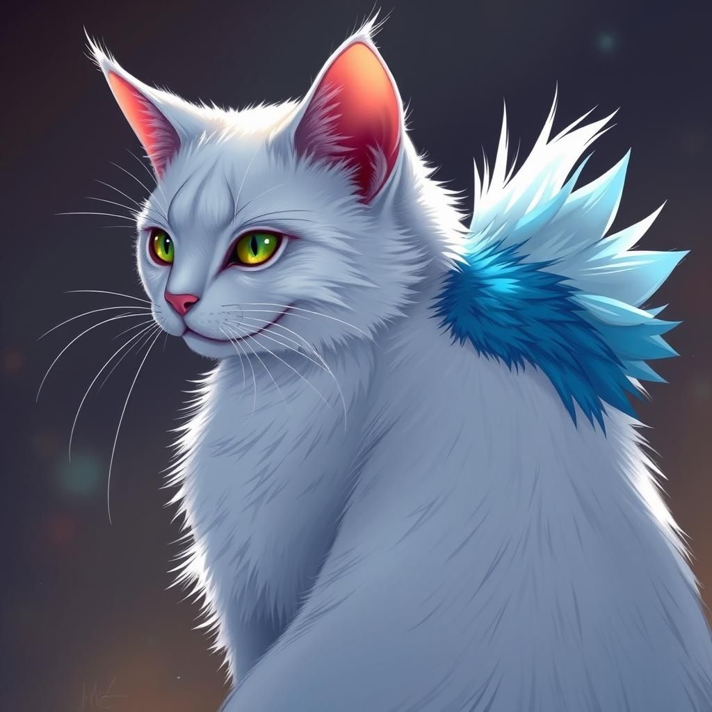 This large old cat is male.  He has a short white coat with a large blue chinchilla spot on his back.  He has a short, n...