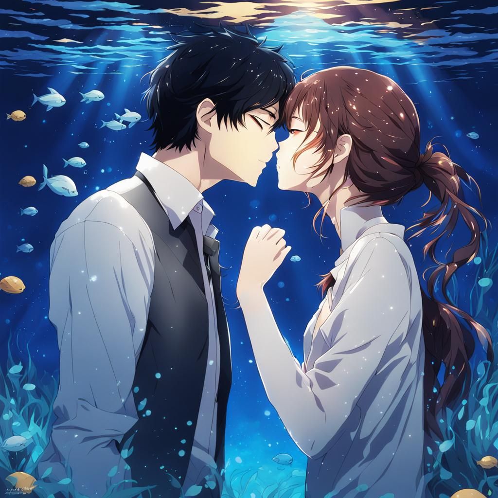 Romantic Underwater Kiss in Anime Style