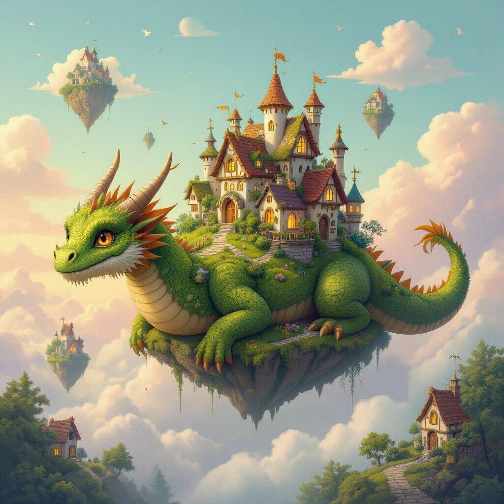 Whimsical Dragon Town Drifting Through Pastel Skies