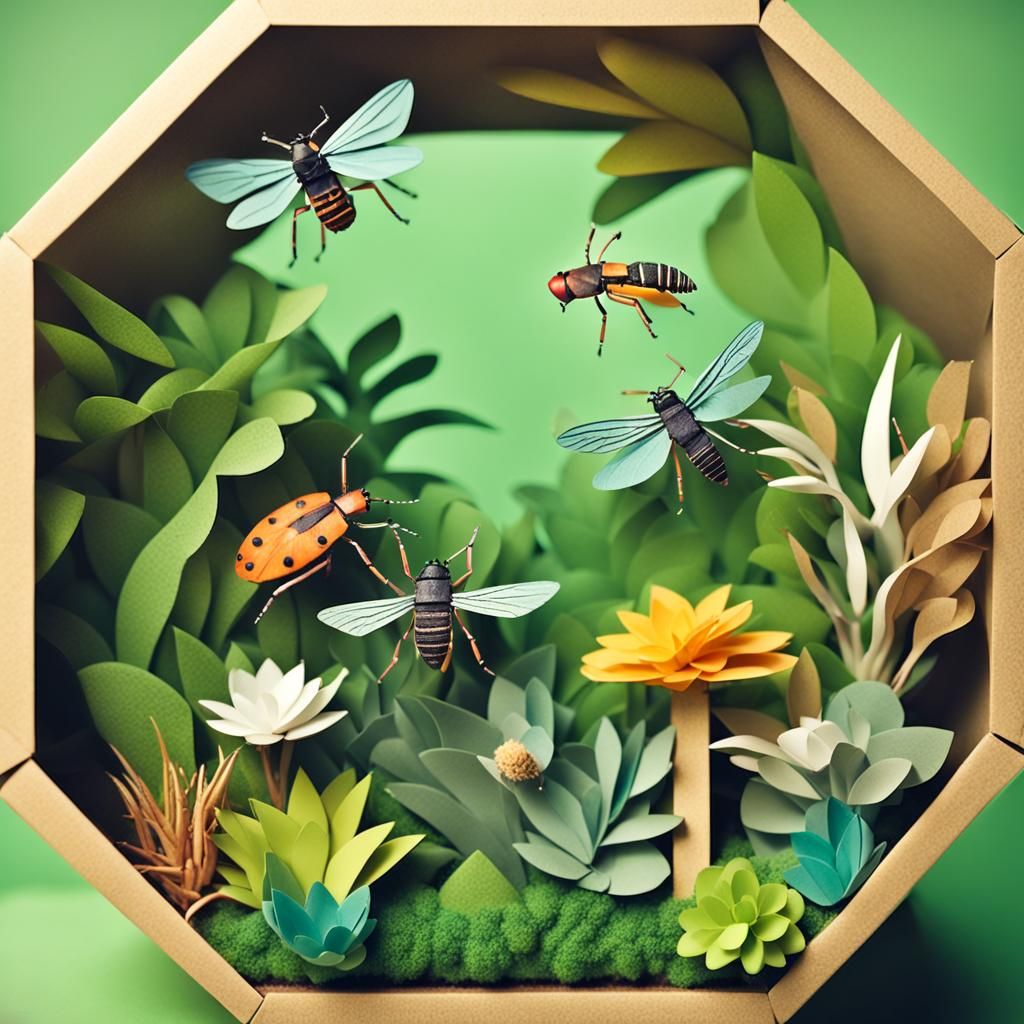 Harmonious Insect Terrarium in Origami Papercraft Style