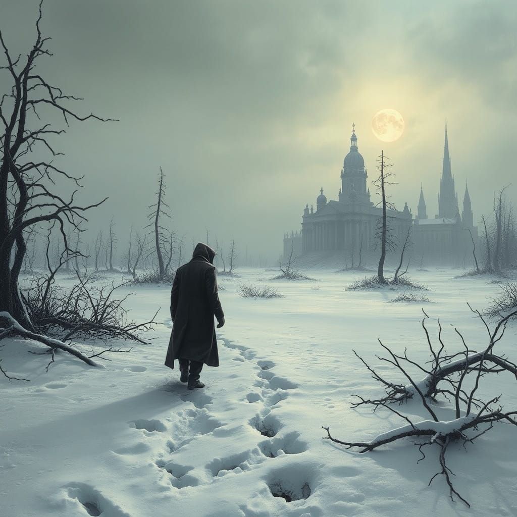 Shrouded Figure in a Frozen Wasteland