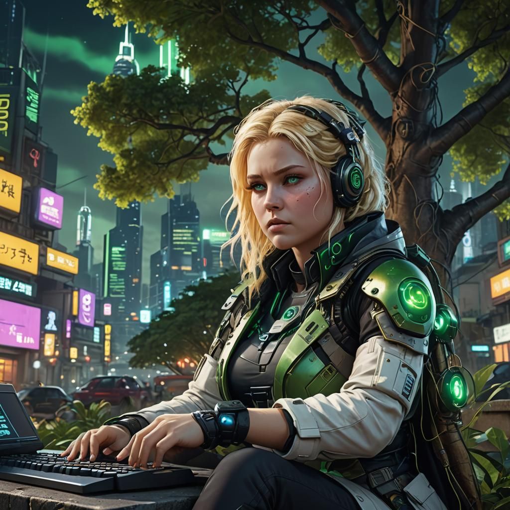 Cybernetic Woman Under Tree in Cyberpunk Cityscape
