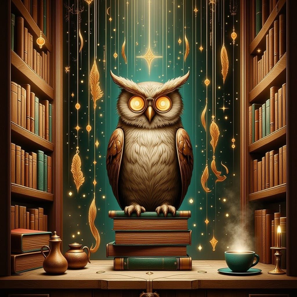 A Wise Old Owl Studies Ancient Tomes in a Whimsical Library
