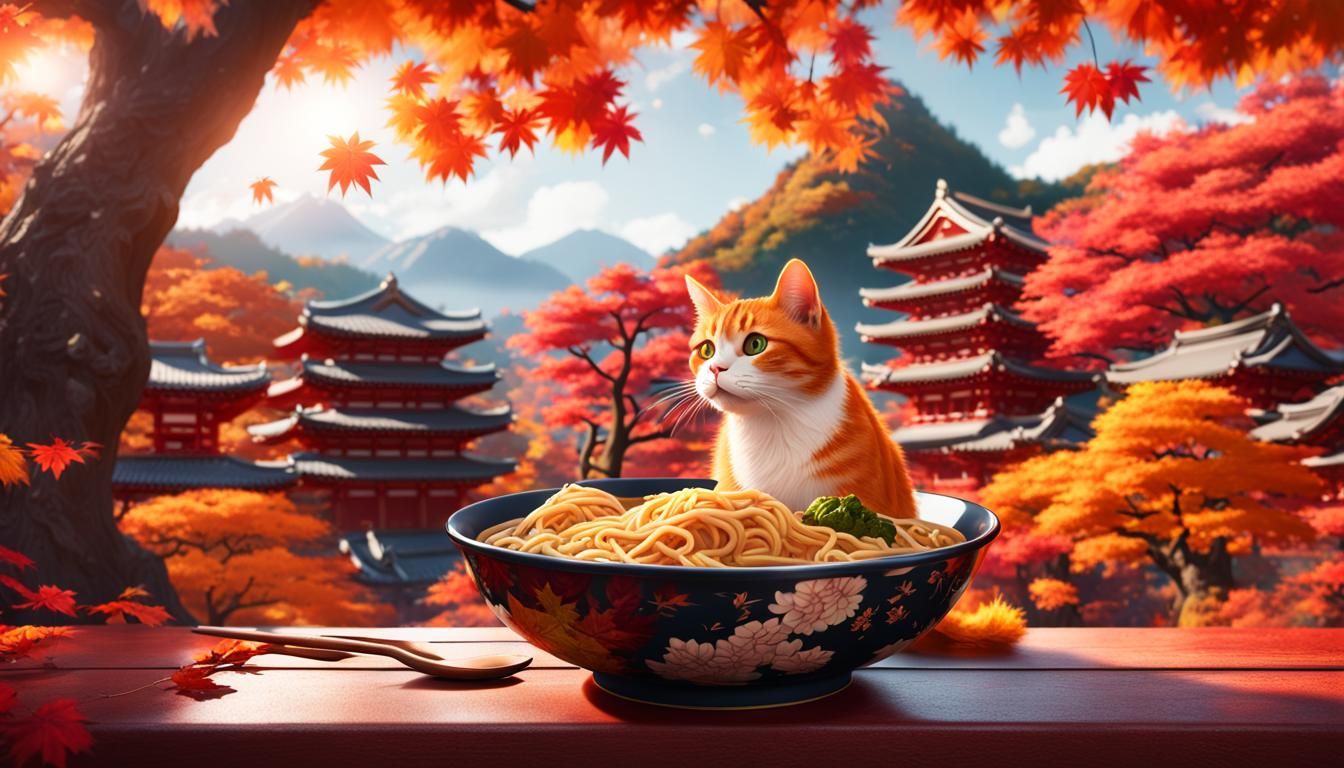 Cat Slurping Ramen Under Autumn Trees