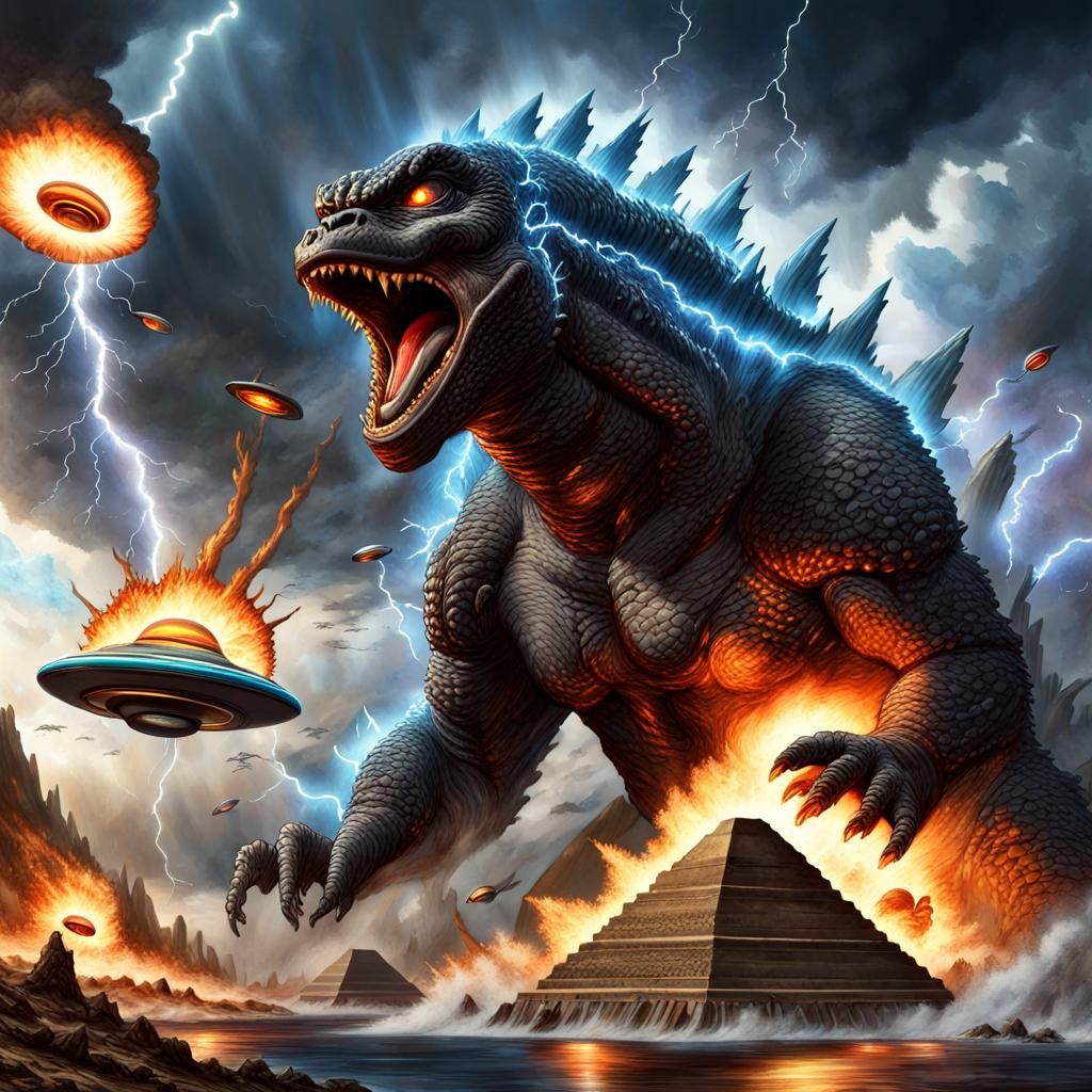 Godzilla Blazes Fire in Egypt: Hyperrealistic Art
