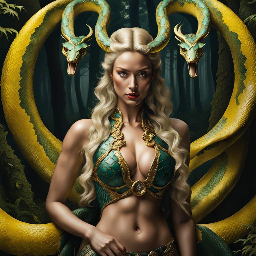 Blonde Demon Woman in Forest: Hyperrealistic Digital Art