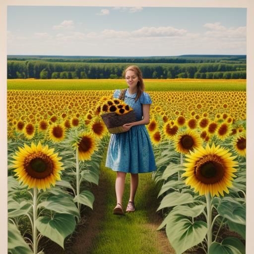 Girl in Sunflower Field with Basket