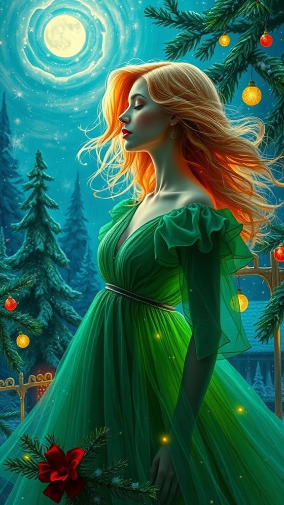 Whimsical Christmas Scene with Ethereal Woman
