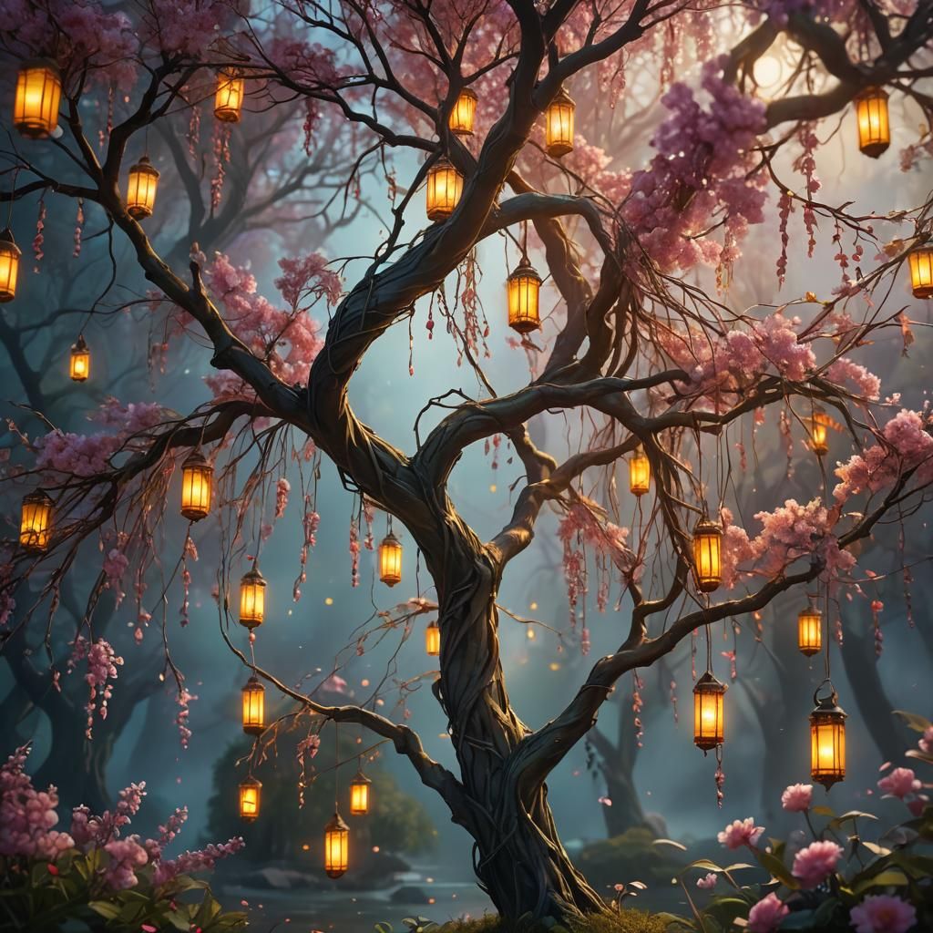 Enchanted Willow Tree with Glowing Lanterns