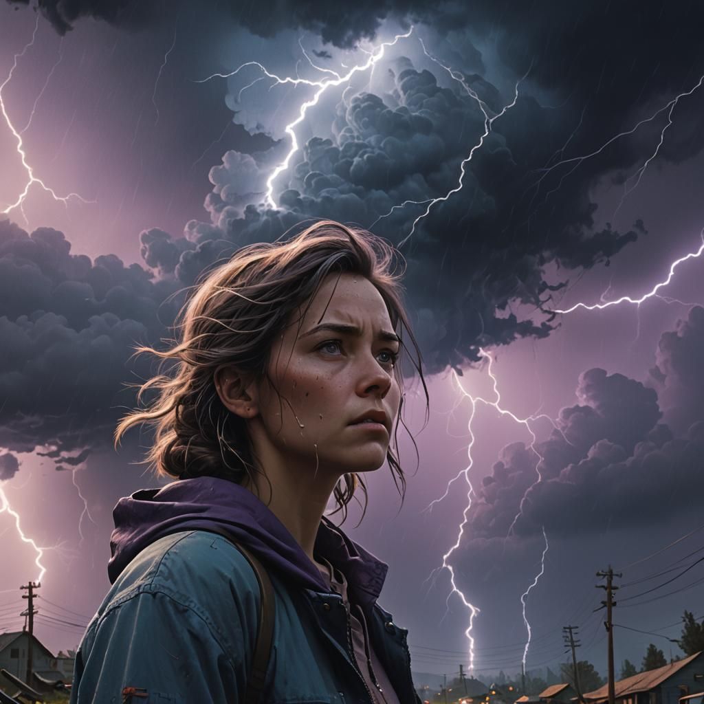 Girl Stares into Space Amidst Thunderstorm
