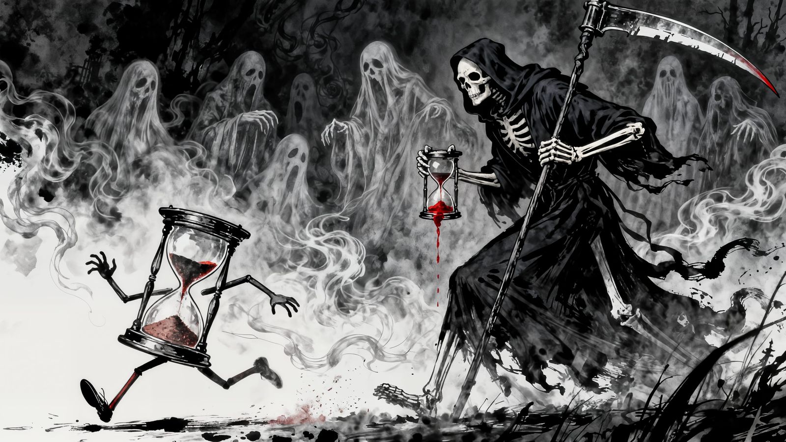 Gothic Art: Hourglass Flees Grim Reaper in 8k