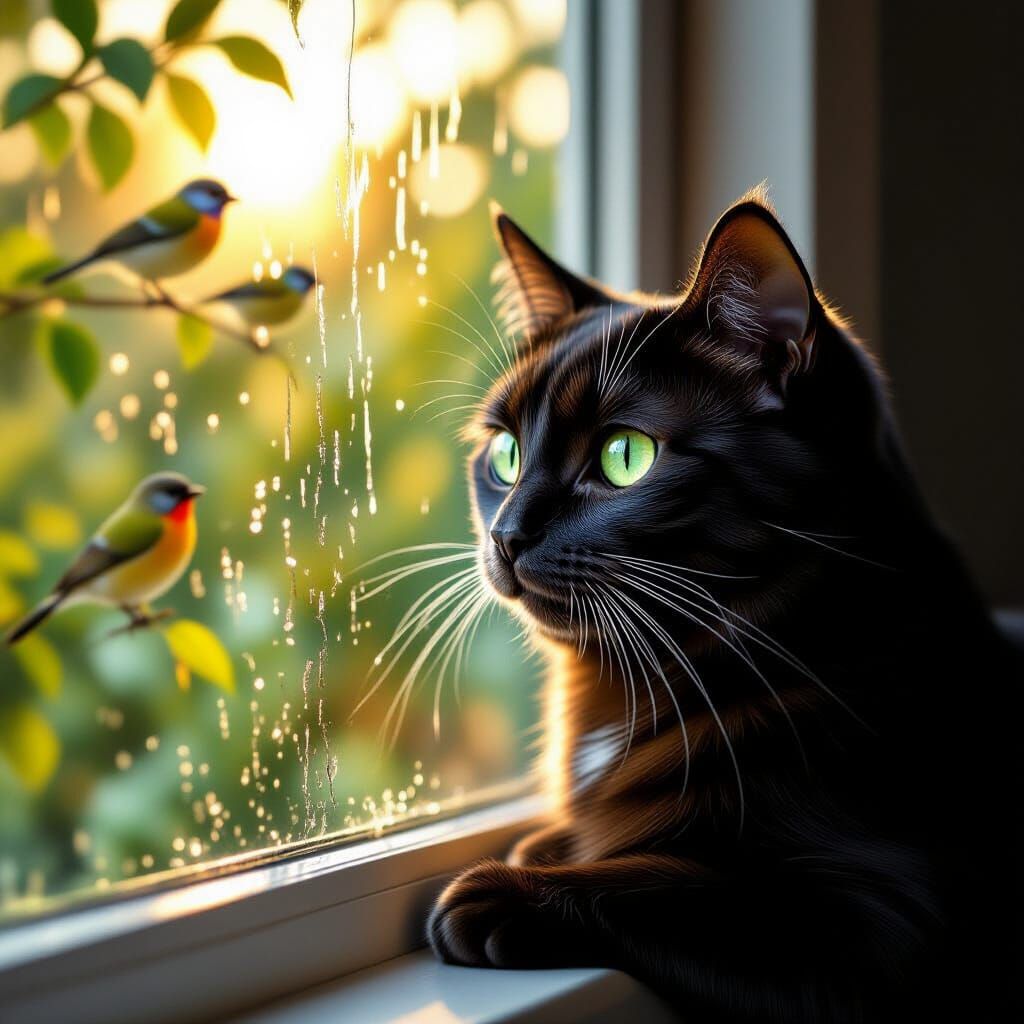Burmese Cat Watches Birds Through Rainy Window