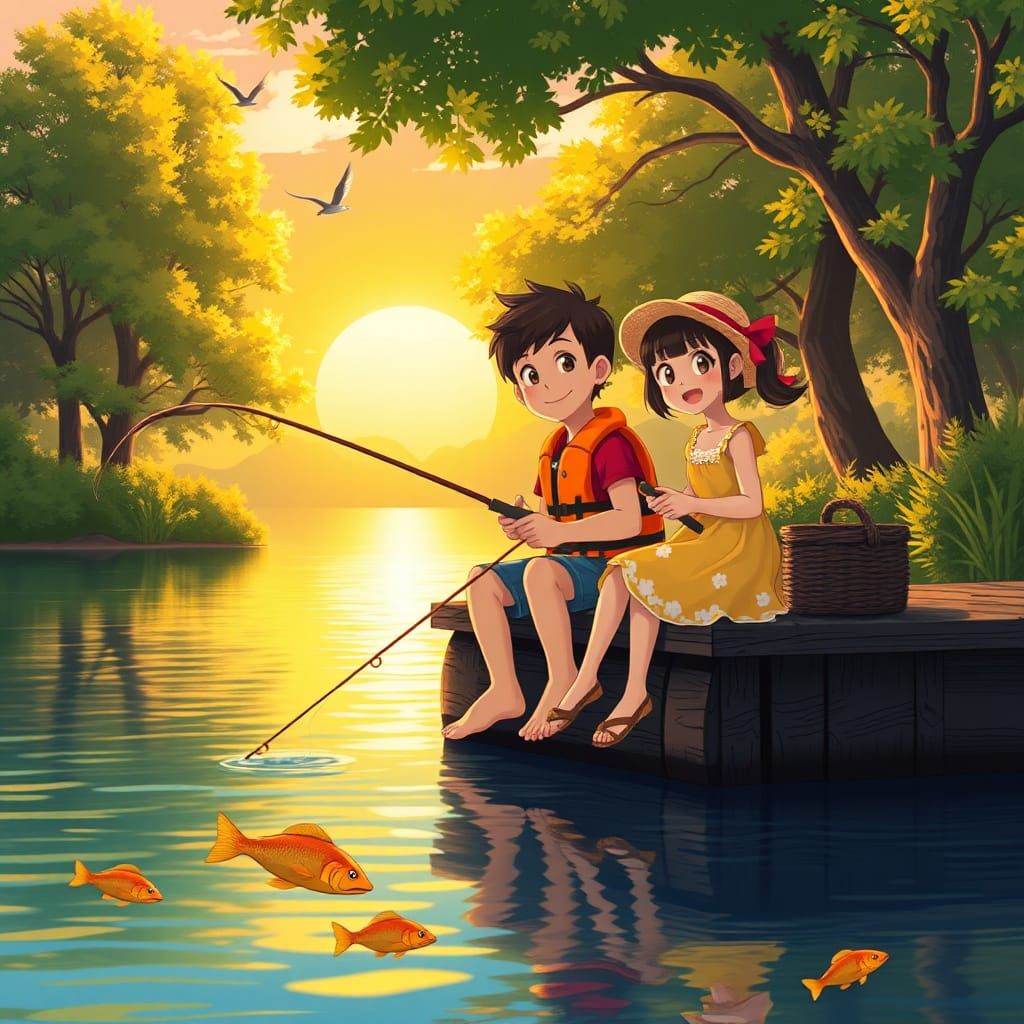 Children Fishing at Sunrise: Anime-Style Illustration