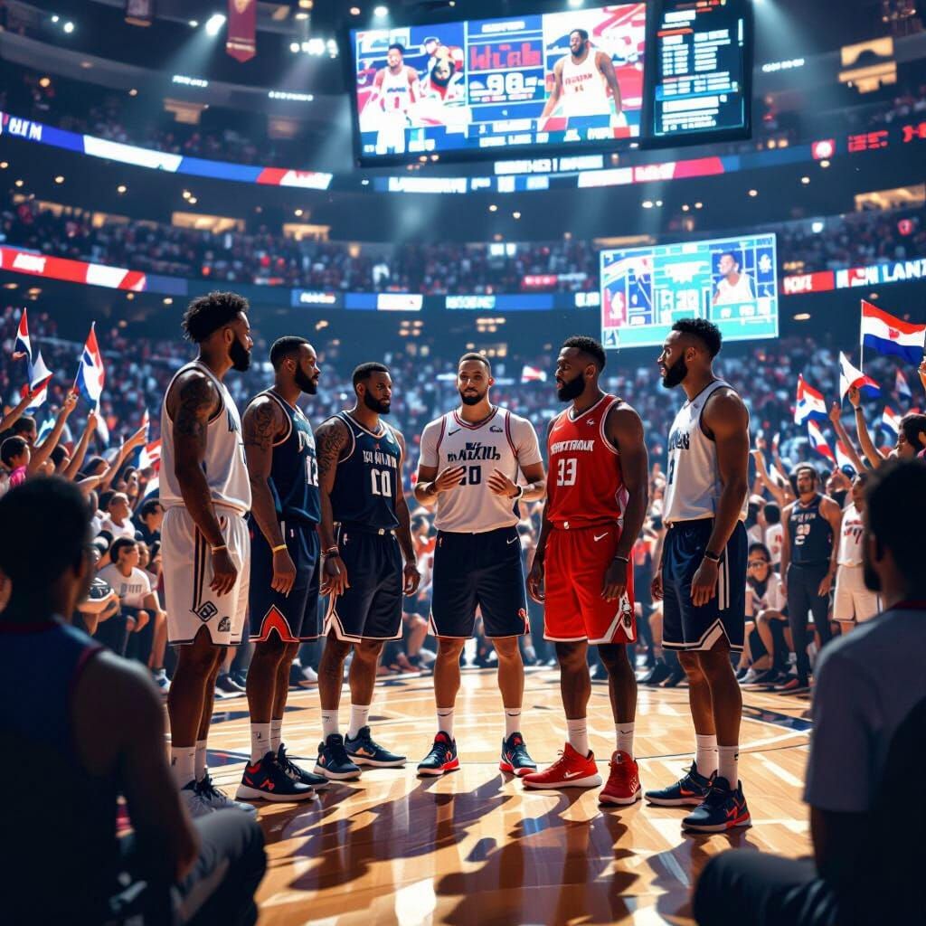 NBA Stars in Arena: Cinematic Digital Illustration