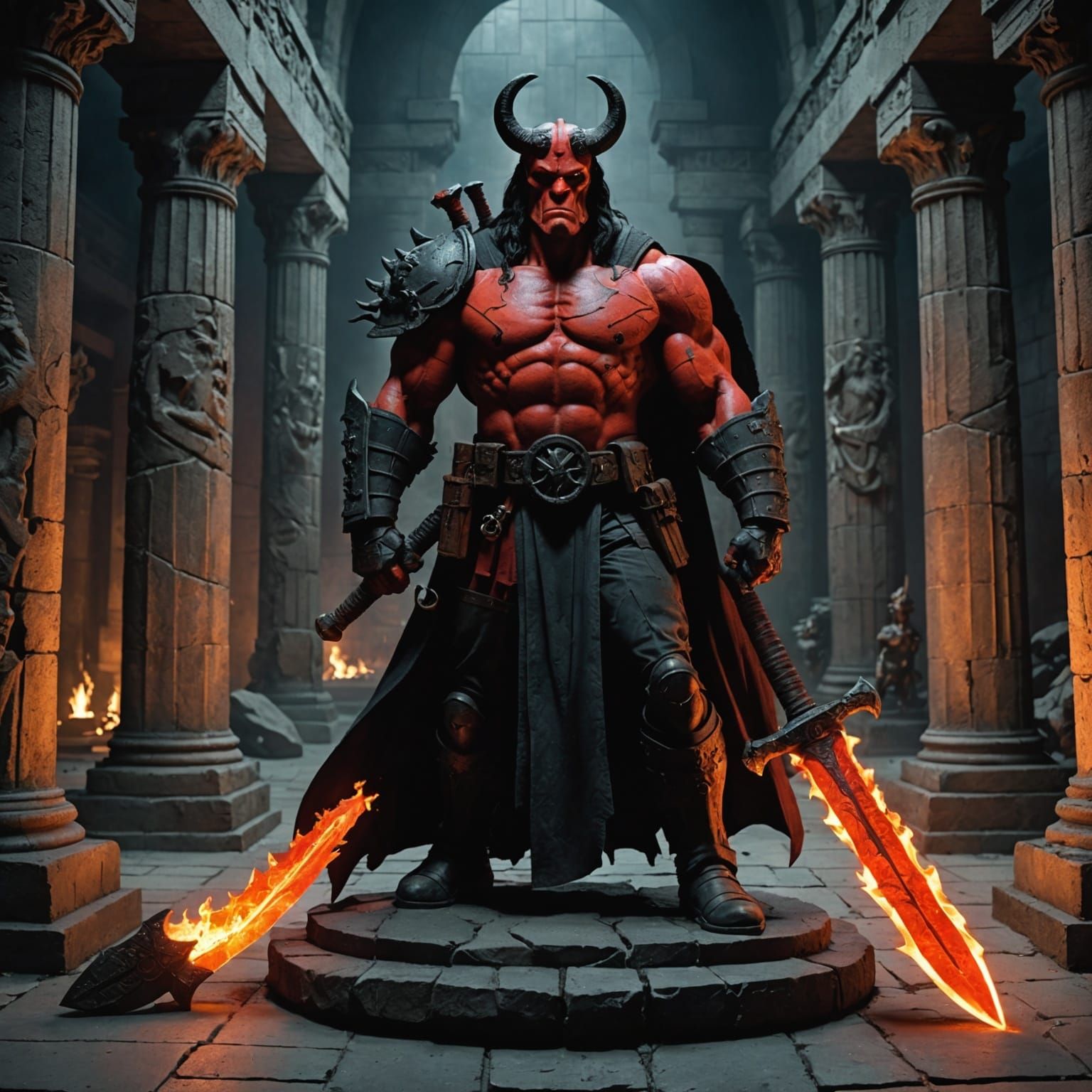Hellboy standing in a dark, ancient temple