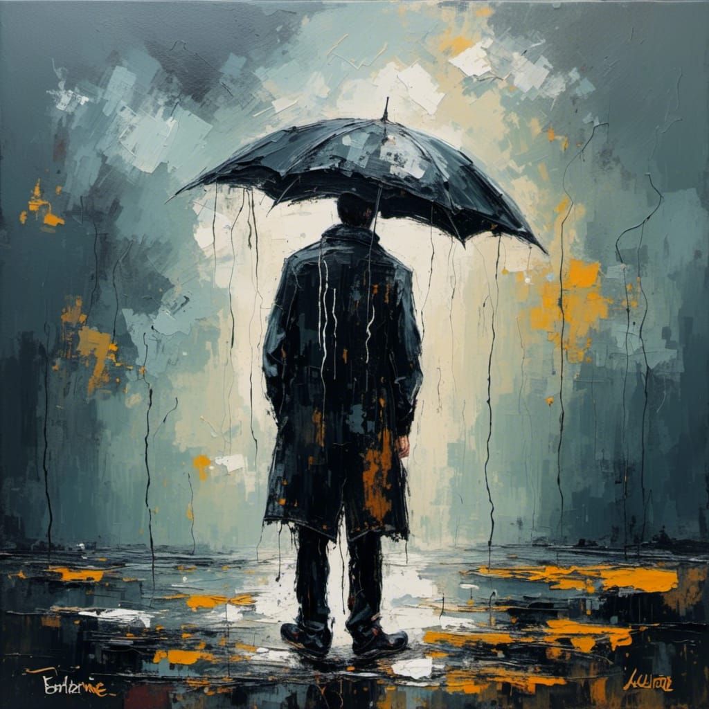 Person in Rain: Modern Abstract Style