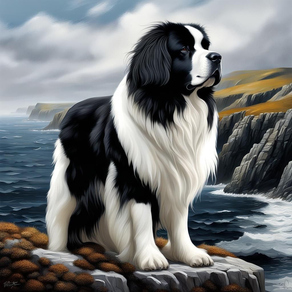 Majestic Newfoundland Landseer Gazing at the Ocean