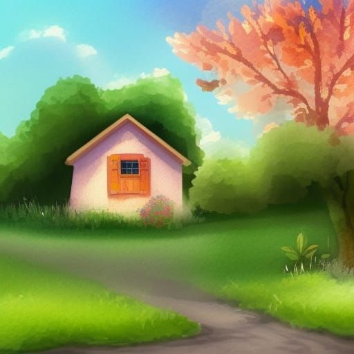 Charming Cottage with Peach Tree: Watercolor Illustration