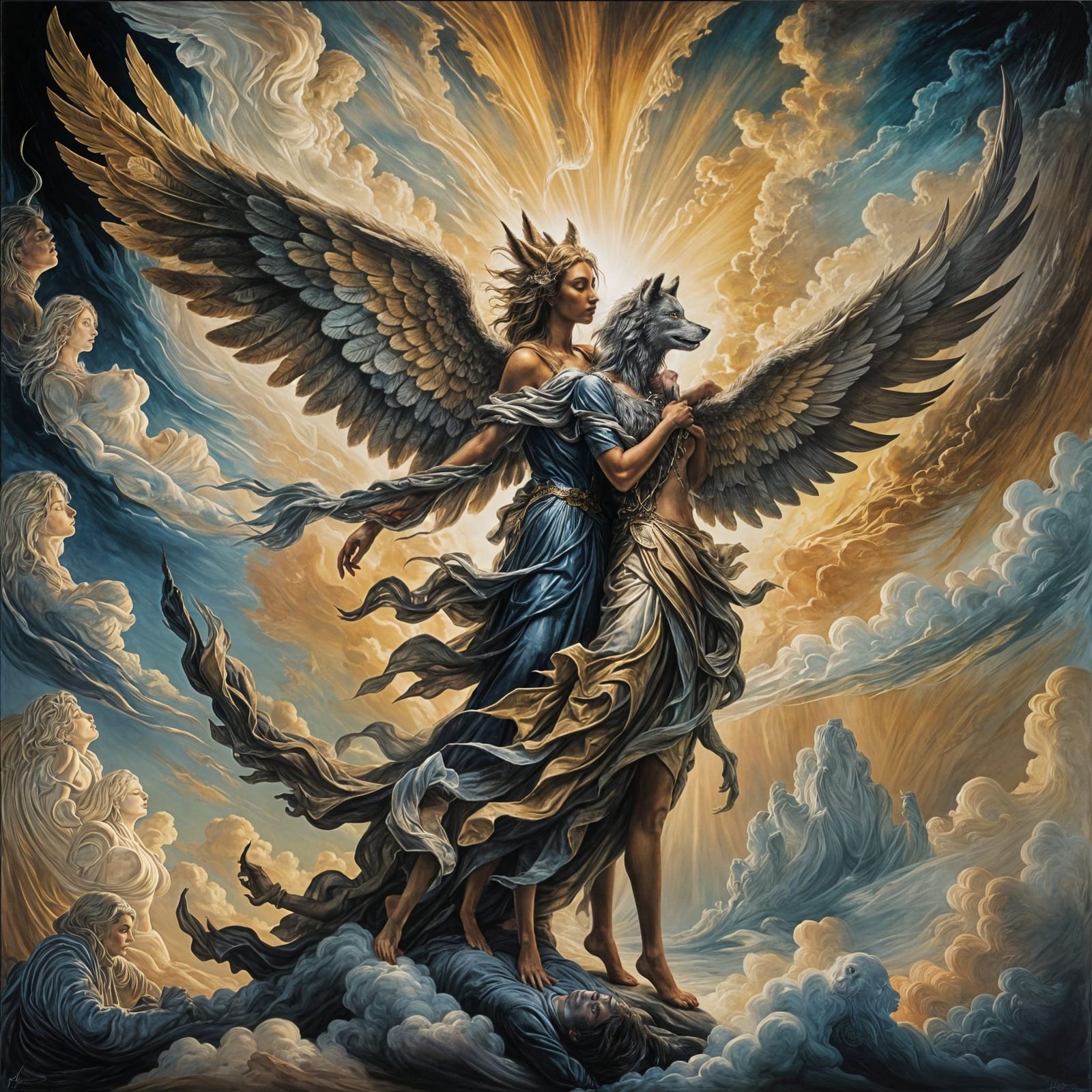 Angelic Yin-Yang Portrait with Wolves