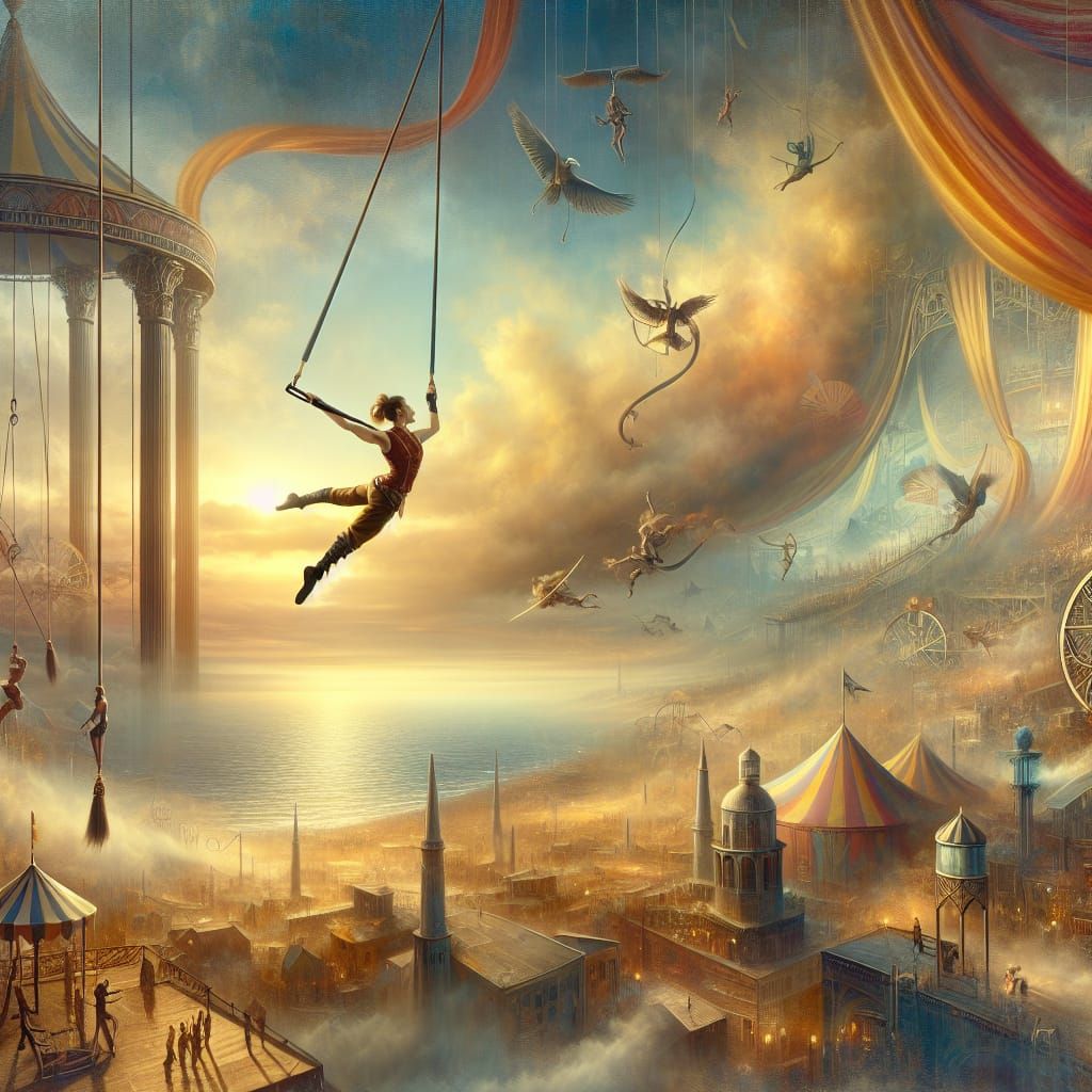 Fantasy Trapeze Artist in Mid-Air, Swinging Between Swings