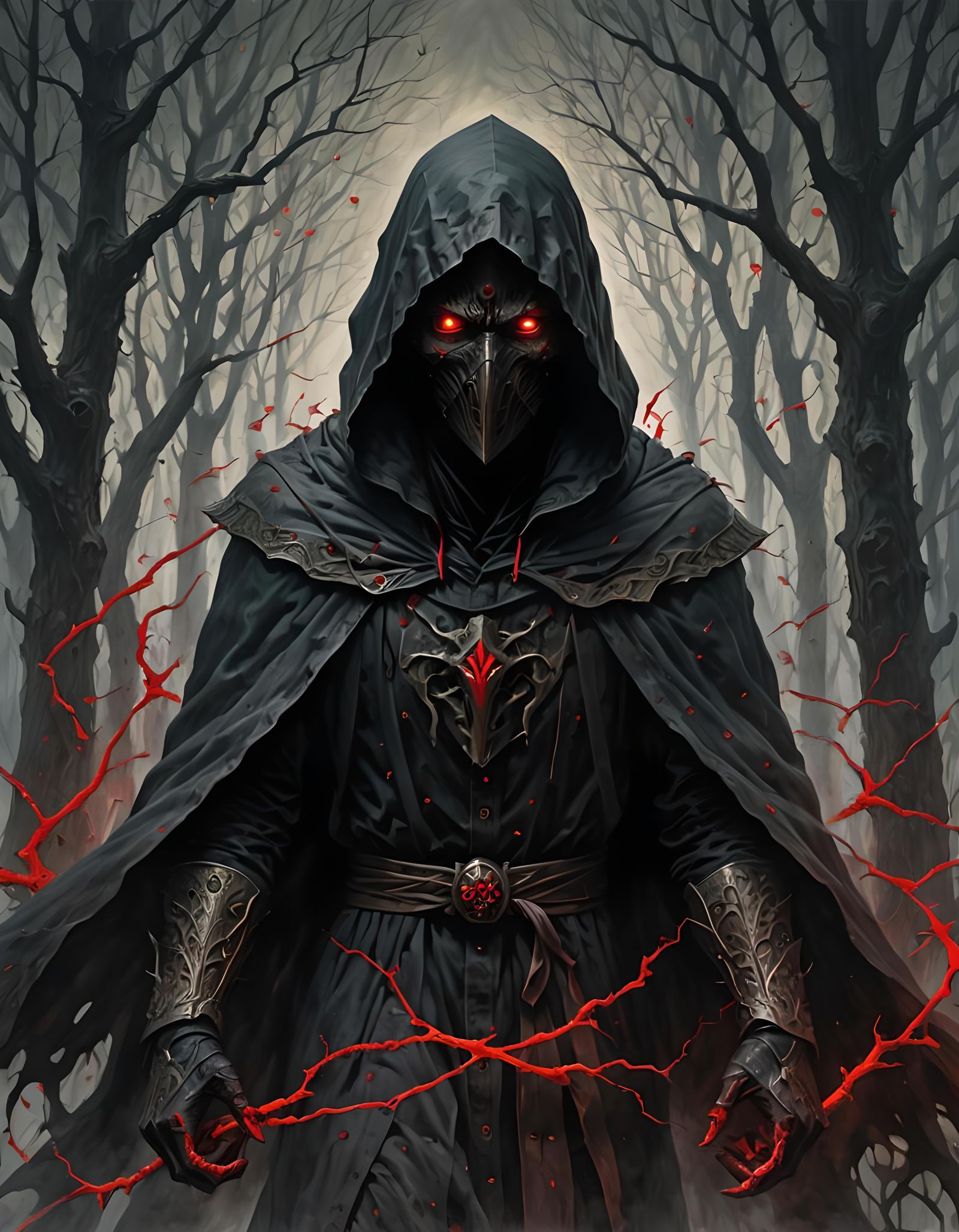 Sinister Hooded Figure in Dark Mist