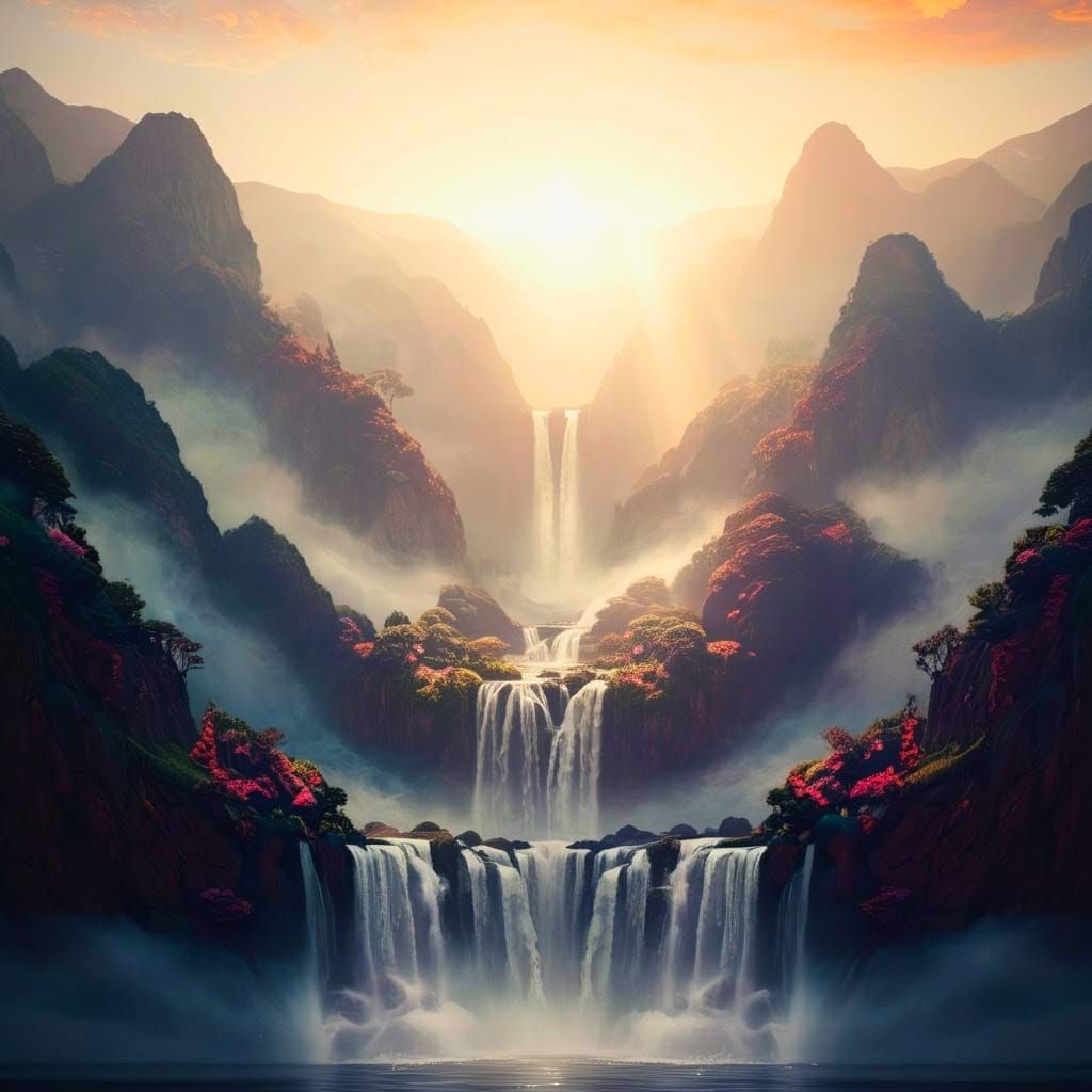 Dreamlike Waterfall in Whimsical Art Style