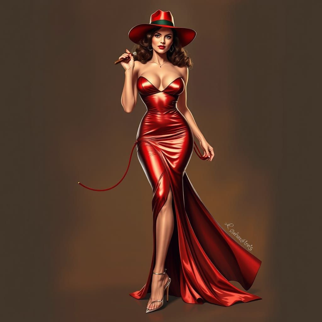 Confident Woman with Whip in Pin-Up Art Style