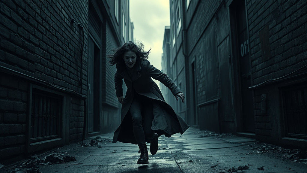 Woman's Desperate Flight in Dark Surrealism Style