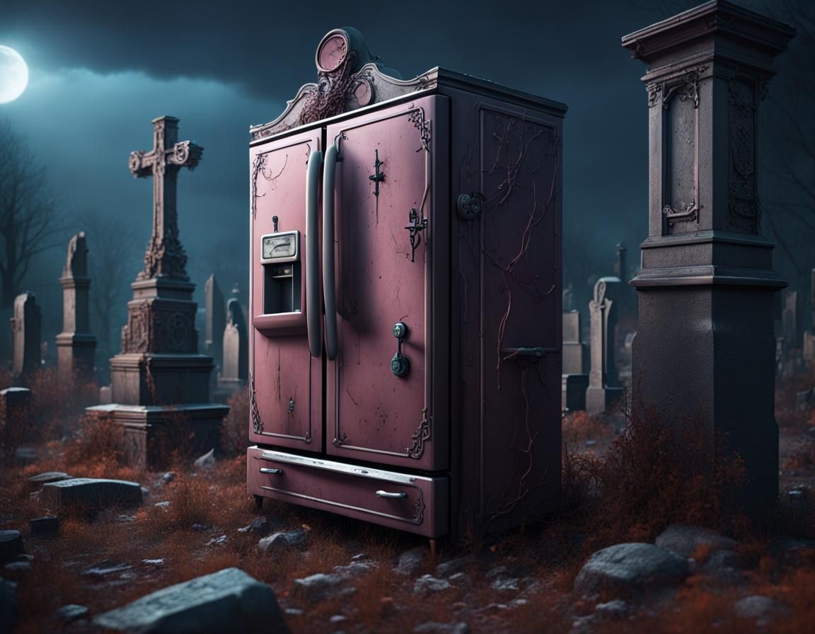 Evil Refrigerator in Graveyard: Detailed Matte Painting