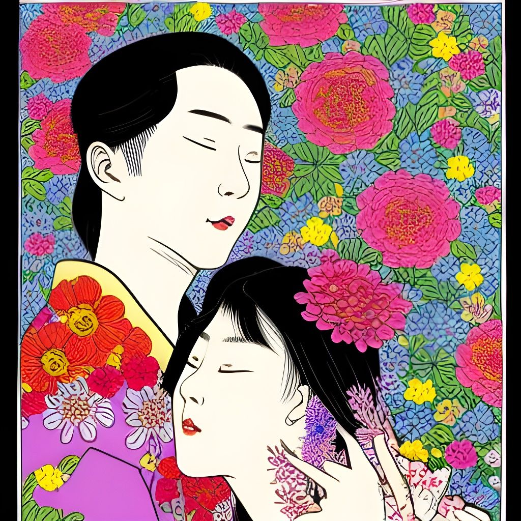 Lovers Embracing Among Multicolored Flowers