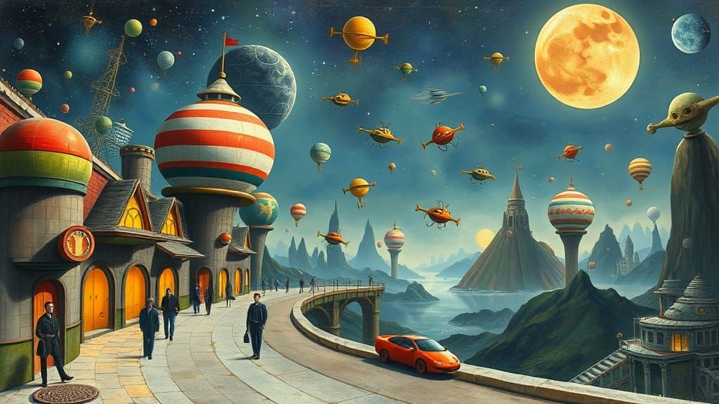 Whimsical Futuristic Spaceport Scene in Vibrant Colors