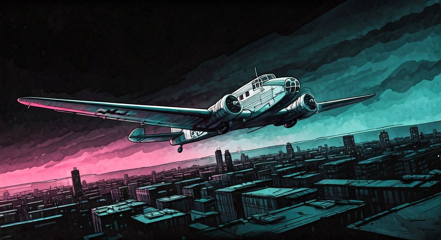 Night Flight Over Dystopian City in Graphic Novel Style