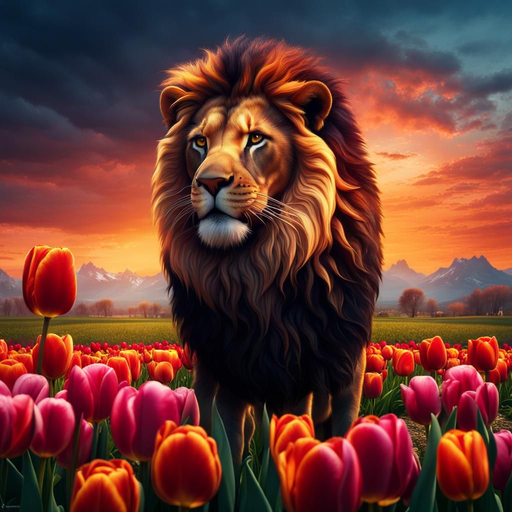 Lion in Tulip Field at Sunset: Fantasy Art