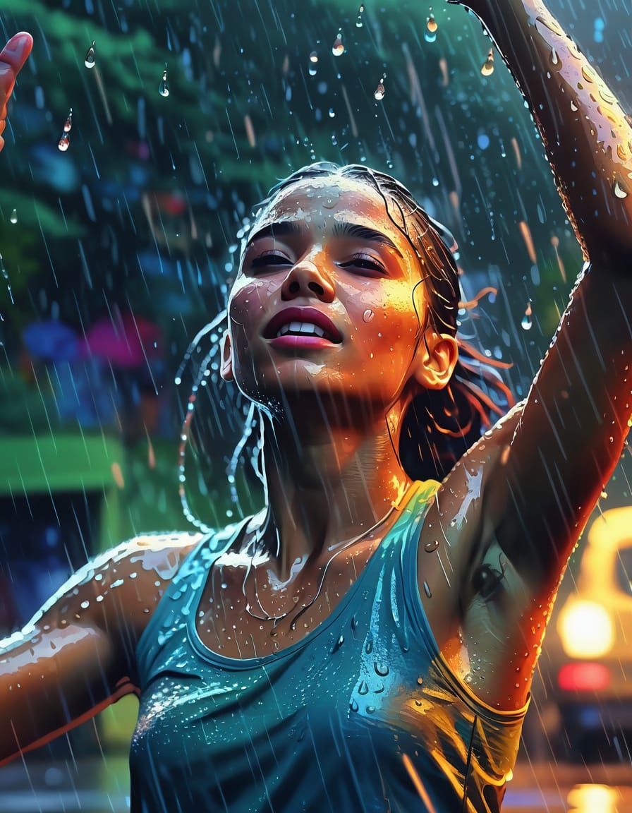 Woman Dancing in Rain: Vibrant Comic Book Art