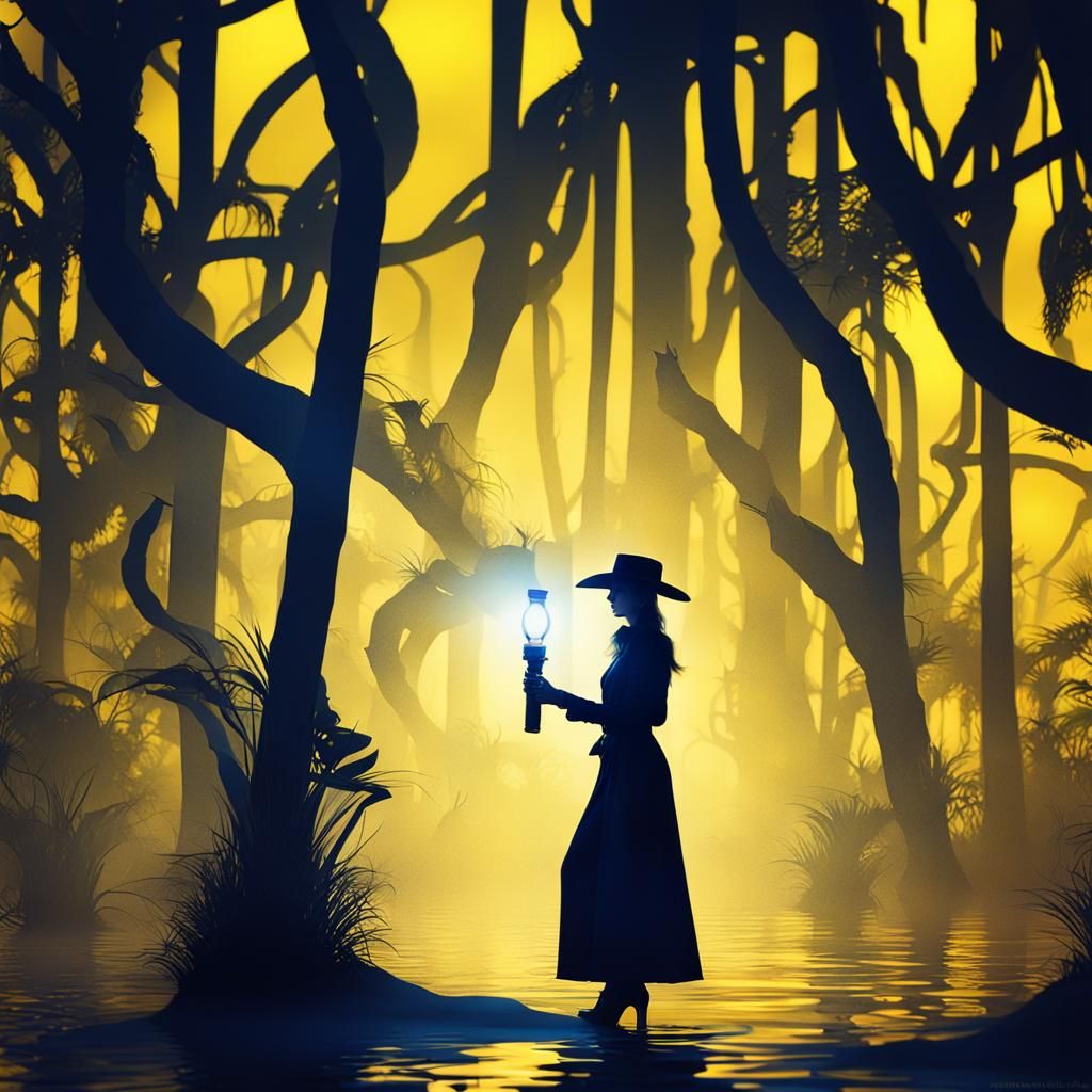 Futuristic Surrealism: Woman in Shadow with Flashlight