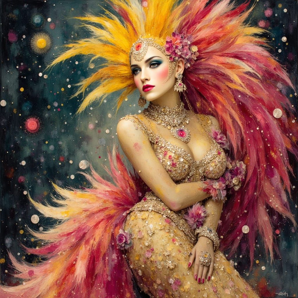 Surreal Showgirl Portrait in Watercolor and Ink