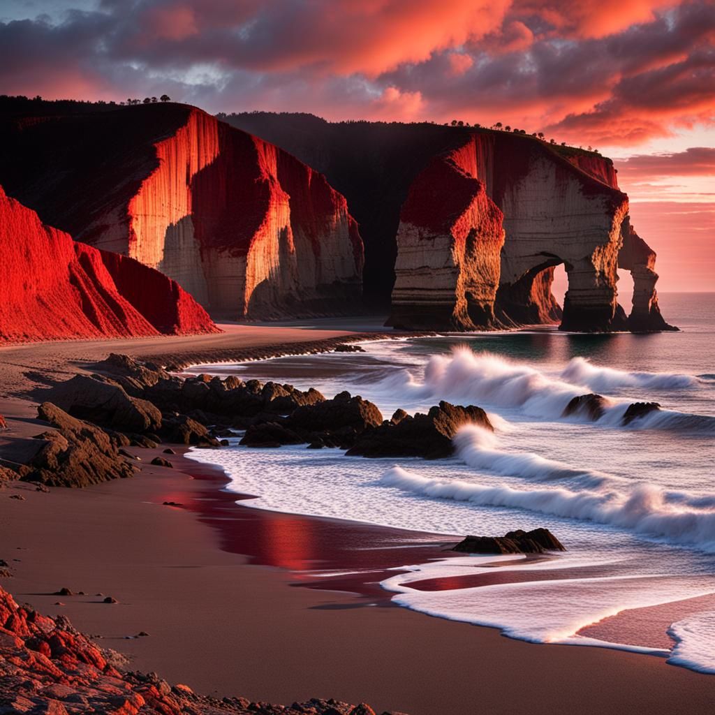 Colorful Crepuscular Clouds over Coastal Cliffs