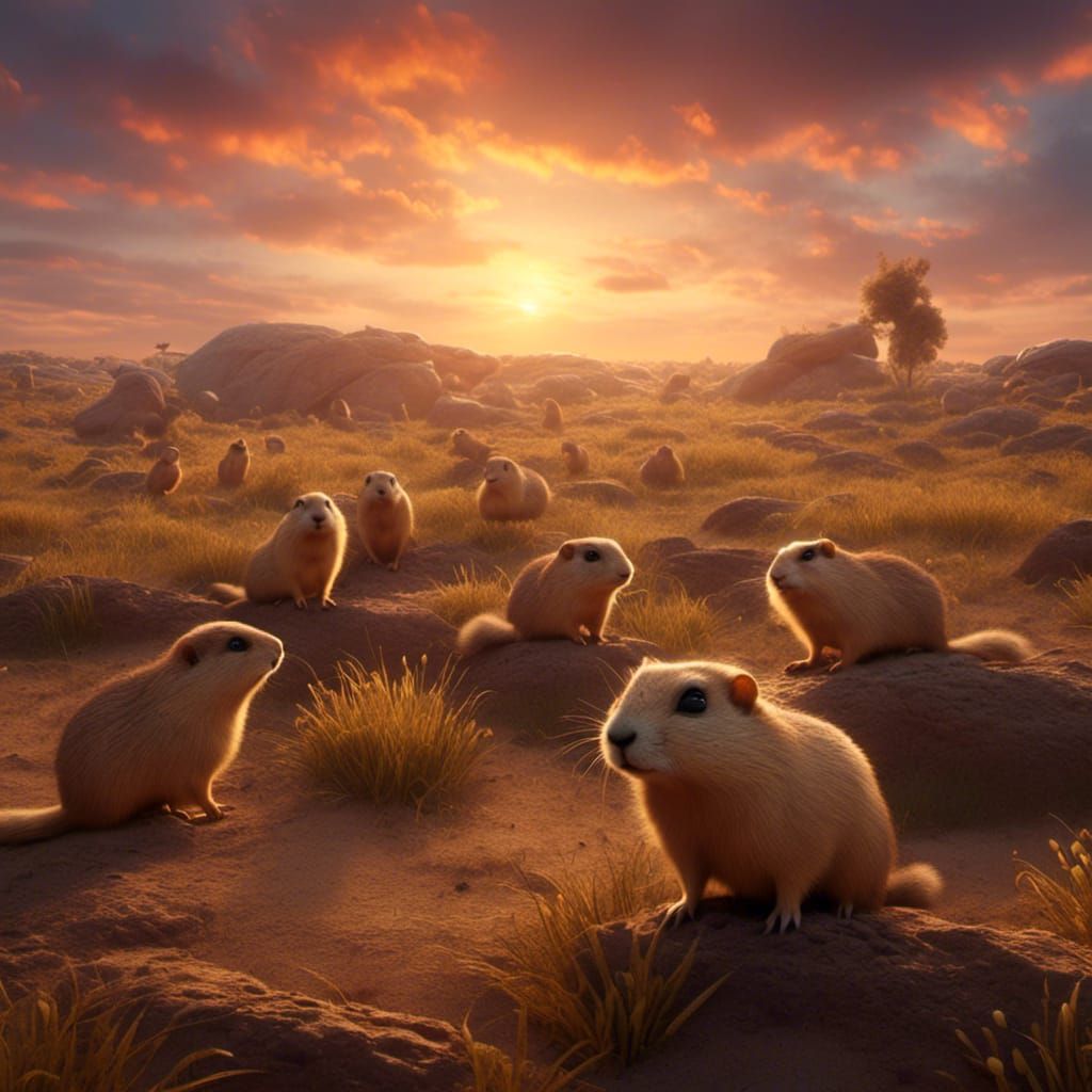 Prairie Dog Gathering on Midwest Plains at Sunset