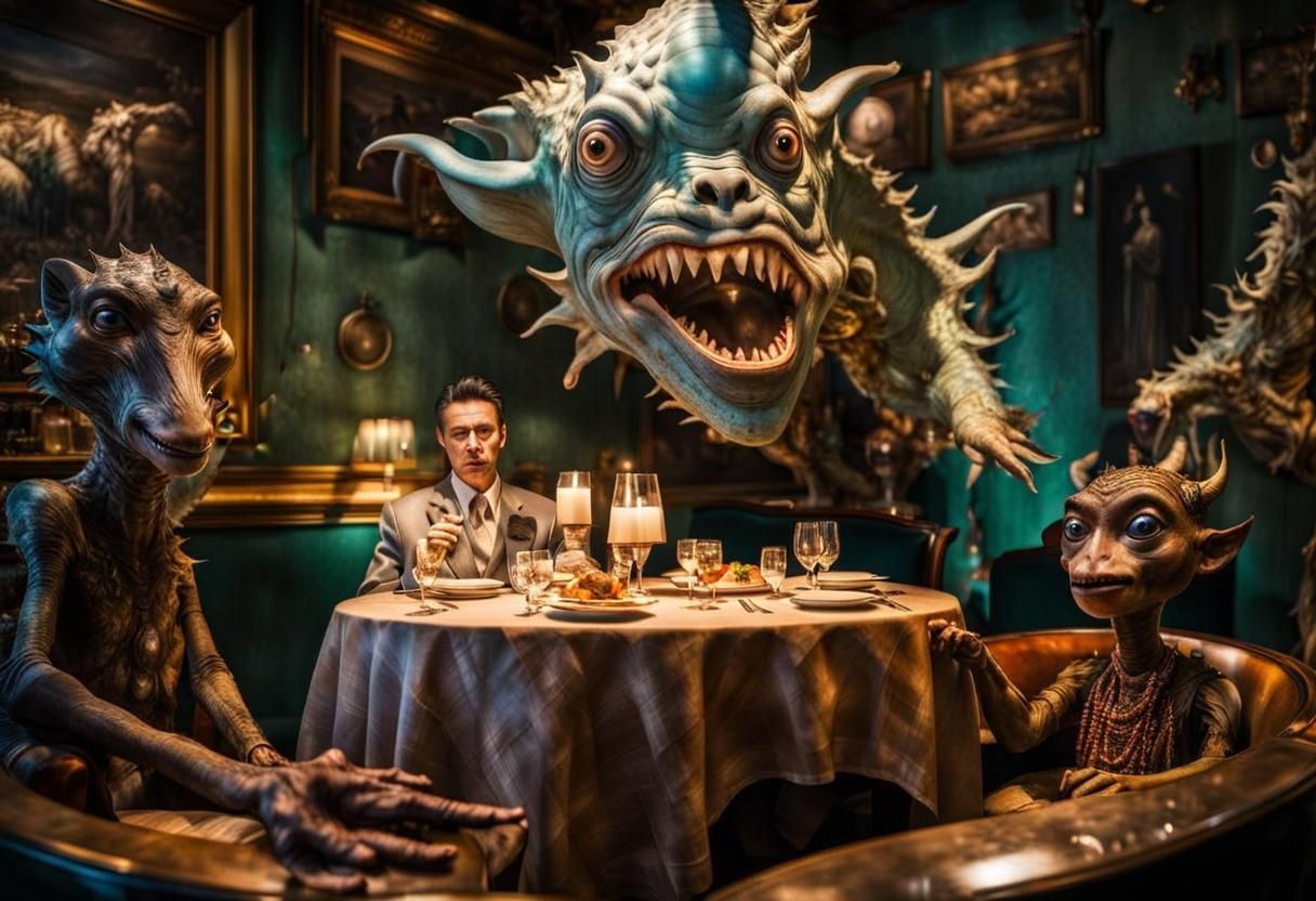 Surreal Restaurant Scene with Exotic Aliens: Hyperrealistic ...