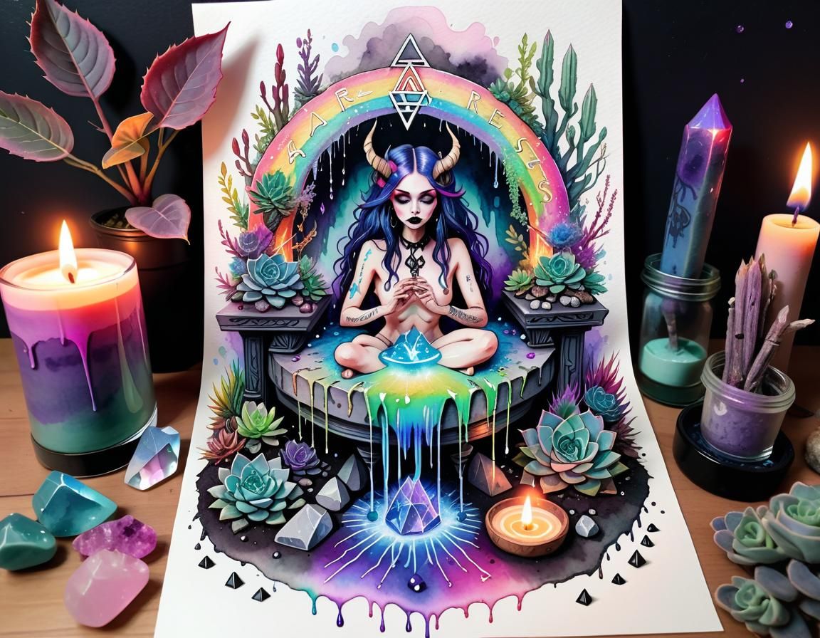 Pastel Goth Demoness Altar in Watercolor Style