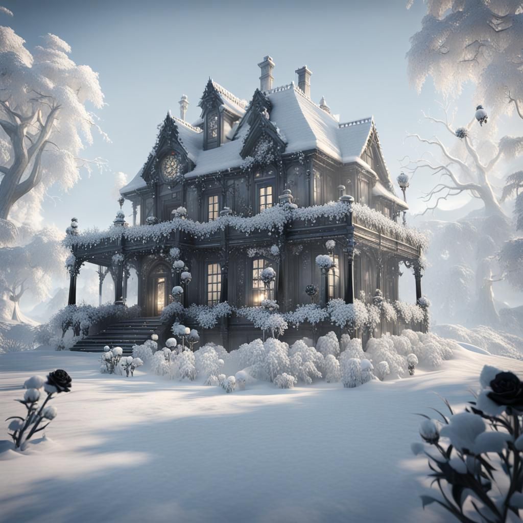 Snow-Frosted Glass House with Skulls in 3D Render