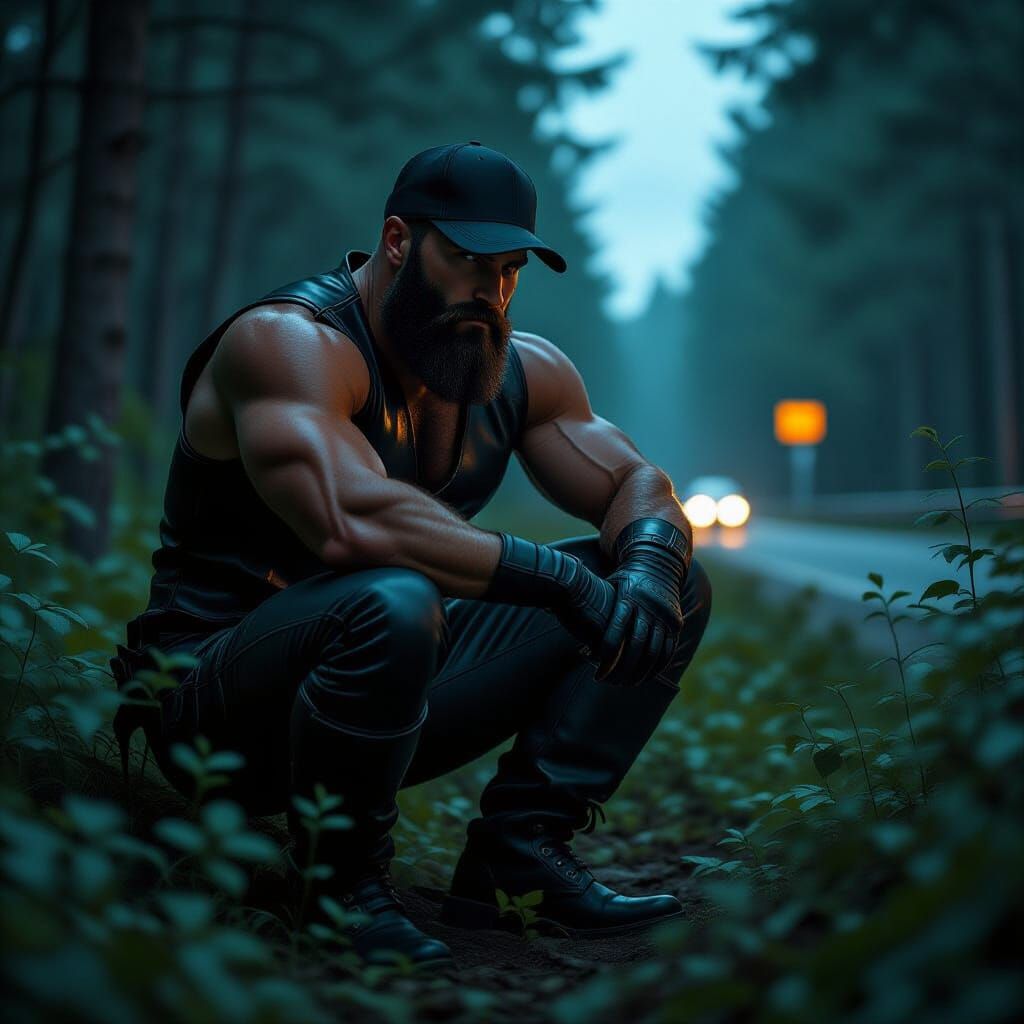 Muscular Man in Leather Hiding in Forest at Dusk