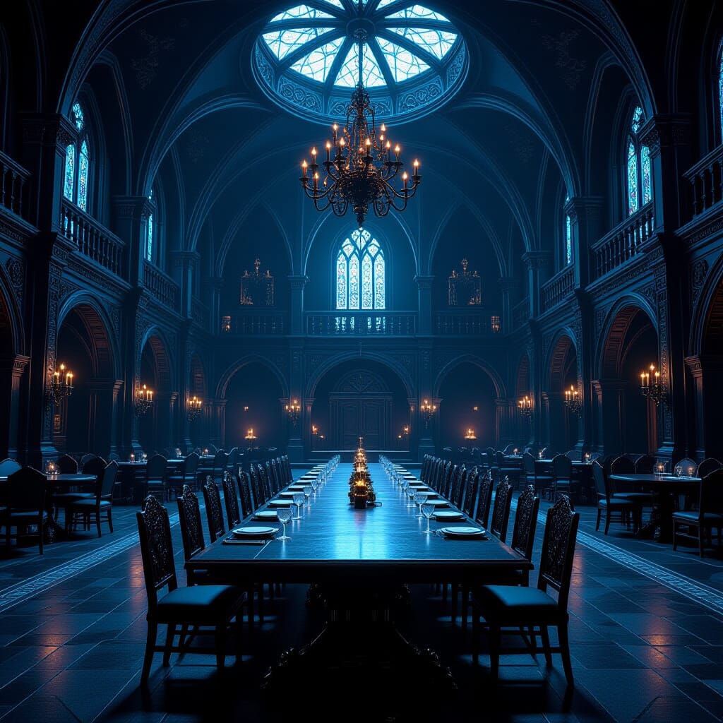 Dark Celestial Castle Dining Hall with Long Table