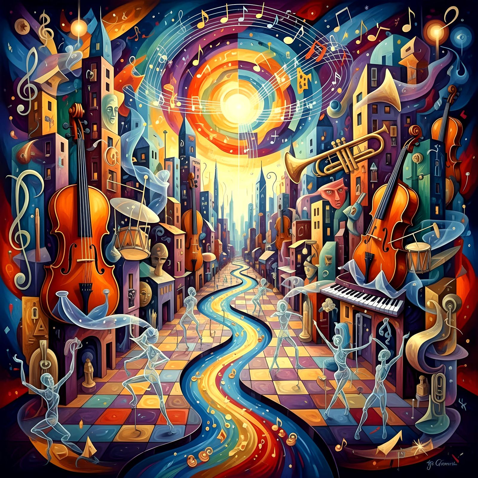 Abstract Cityscape of Musical Instruments and Sound Waves