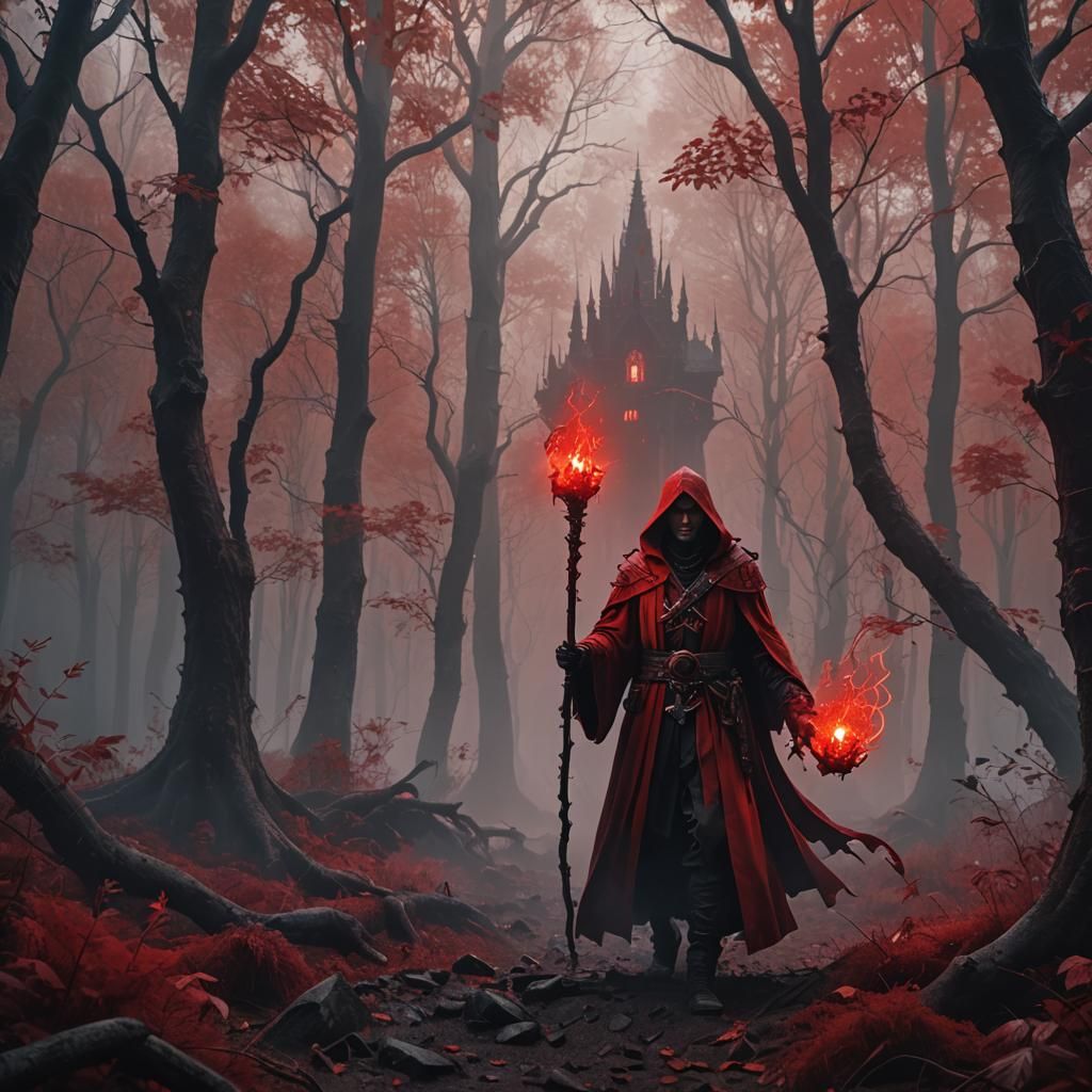 Gothic Red Mage in Foggy Forest: Fantasy Art