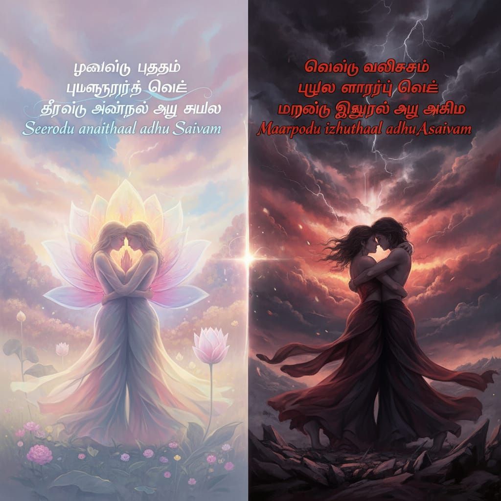 Poetic Split-Scene Artwork: Soulful Love vs Physical Desire