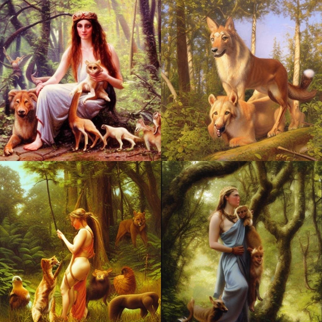 Animal Goddess Playing in Woods, Oil Painting